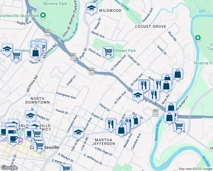 map of restaurants, bars, coffee shops, grocery stores, and more near 855 Locust Ave in Charlottesville