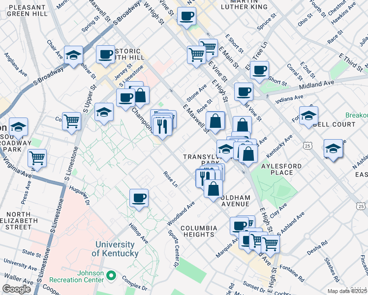map of restaurants, bars, coffee shops, grocery stores, and more near 350 Linden Walk in Lexington