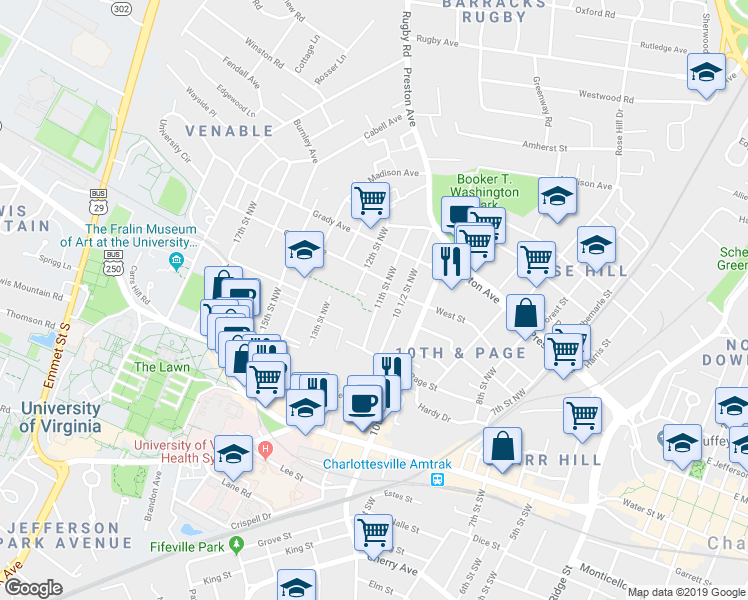 map of restaurants, bars, coffee shops, grocery stores, and more near 345 11th Street Northwest in Charlottesville