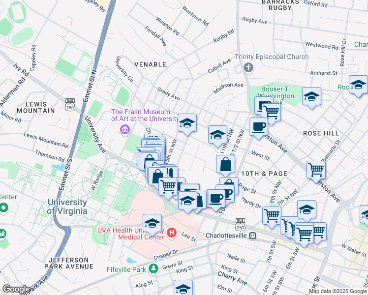 map of restaurants, bars, coffee shops, grocery stores, and more near 14th Street Northwest in Charlottesville