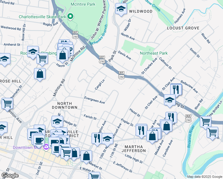 map of restaurants, bars, coffee shops, grocery stores, and more near 707 Evergreen Avenue in Charlottesville