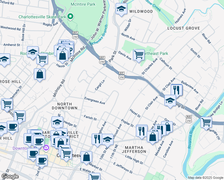 map of restaurants, bars, coffee shops, grocery stores, and more near 707 Evergreen Avenue in Charlottesville