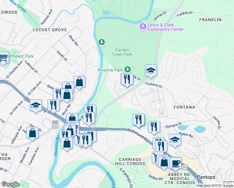 map of restaurants, bars, coffee shops, grocery stores, and more near 1340 Stony Point Road in Charlottesville