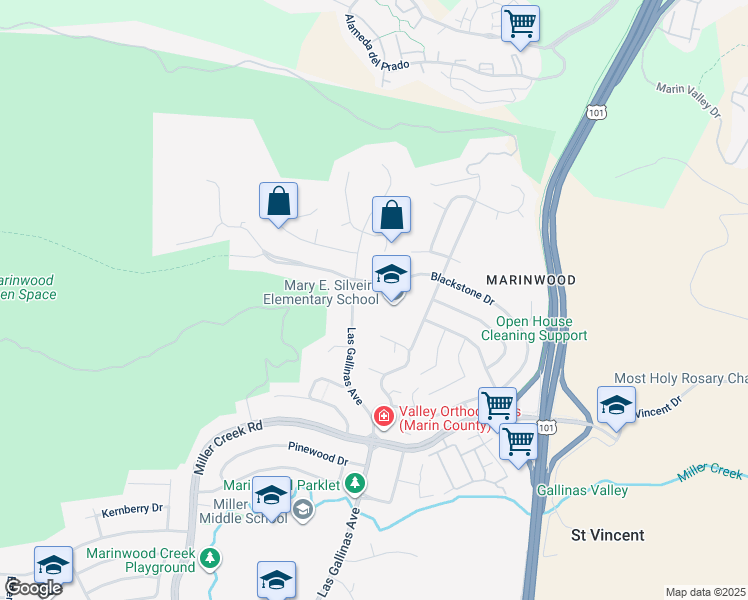 map of restaurants, bars, coffee shops, grocery stores, and more near 375 Blackstone Drive in San Rafael