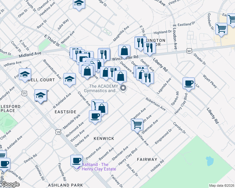 map of restaurants, bars, coffee shops, grocery stores, and more near 109 Marne Avenue in Lexington