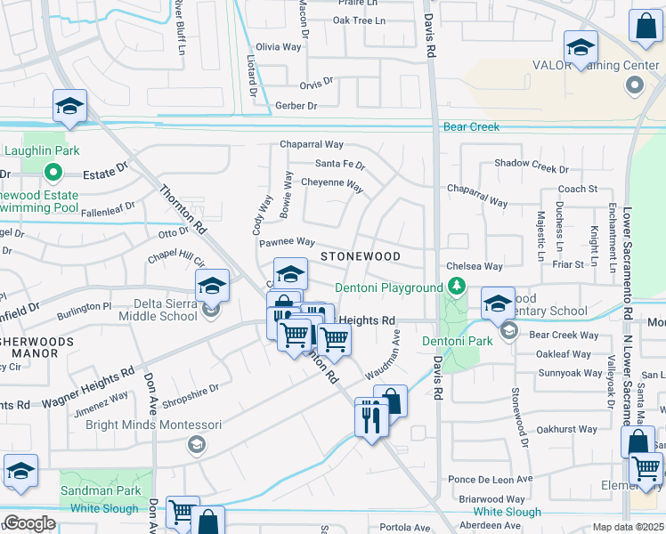 map of restaurants, bars, coffee shops, grocery stores, and more near 1920 Comstock Drive in Stockton