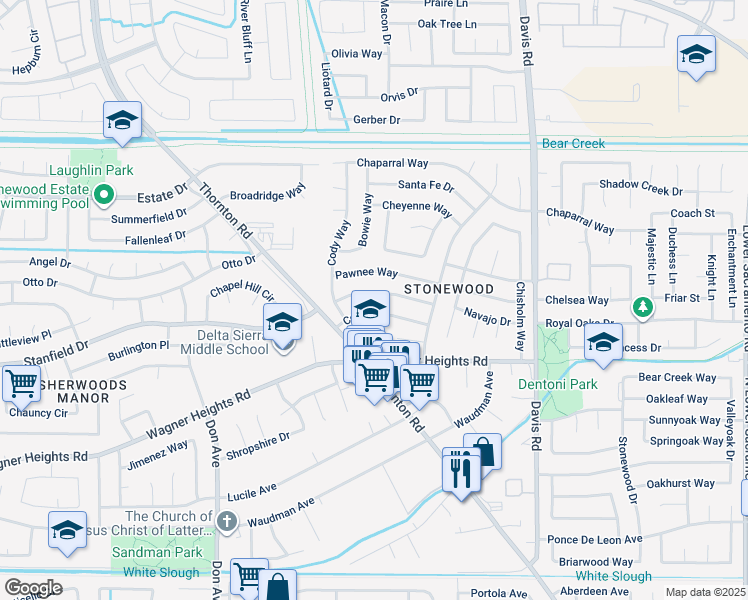 map of restaurants, bars, coffee shops, grocery stores, and more near 2039 Colt Drive in Stockton