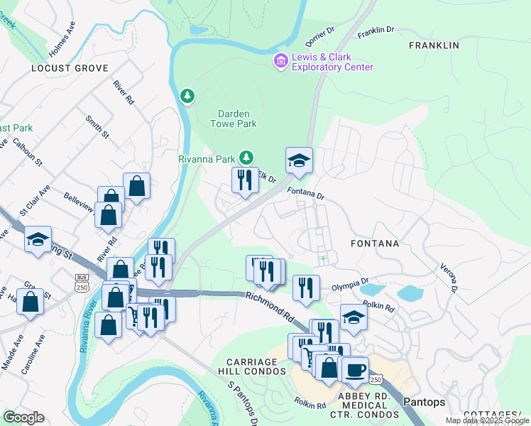 map of restaurants, bars, coffee shops, grocery stores, and more near 65 Wilton Pasture Lane in Charlottesville