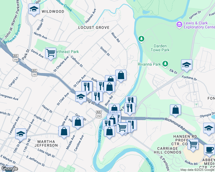 map of restaurants, bars, coffee shops, grocery stores, and more near 1304 Belleview Avenue in Charlottesville