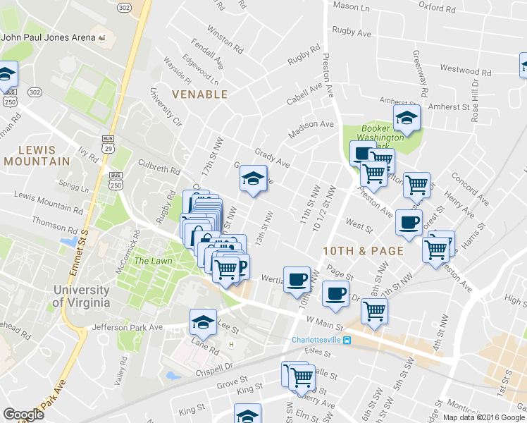 map of restaurants, bars, coffee shops, grocery stores, and more near 1305 John Street in Charlottesville