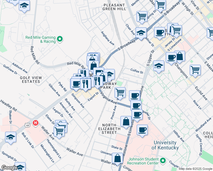 map of restaurants, bars, coffee shops, grocery stores, and more near 325 Old Virginia Avenue in Lexington
