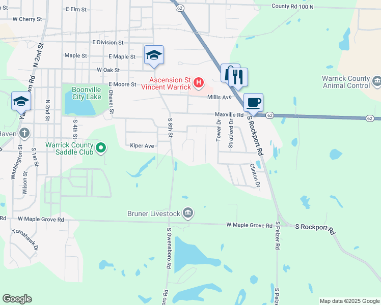 map of restaurants, bars, coffee shops, grocery stores, and more near 1120 Country Place Drive in Boonville