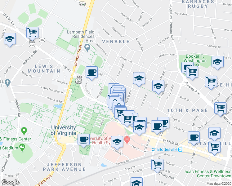 map of restaurants, bars, coffee shops, grocery stores, and more near Chancellor Street in Charlottesville