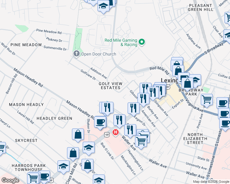 map of restaurants, bars, coffee shops, grocery stores, and more near 500 Addison Avenue in Lexington