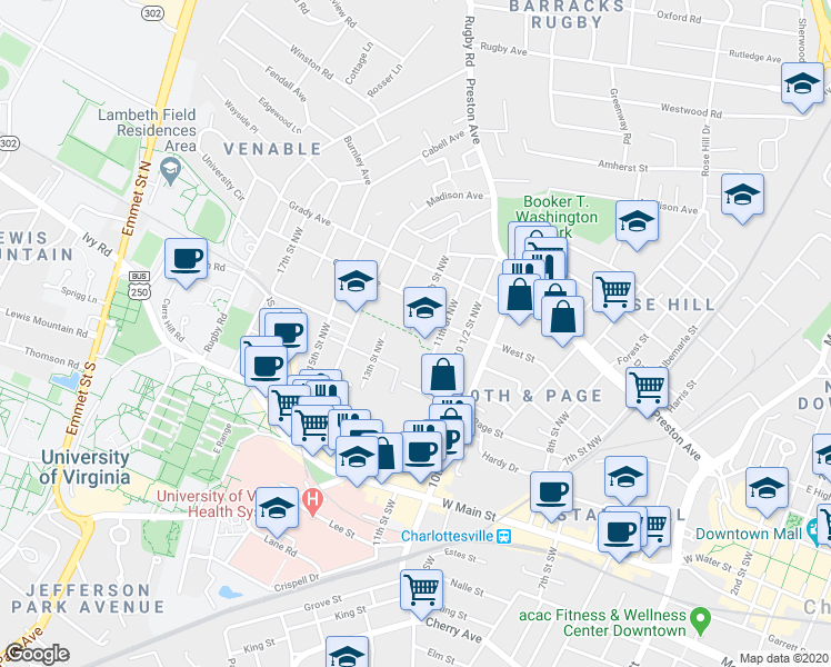 map of restaurants, bars, coffee shops, grocery stores, and more near 6 Latrobe Court in Charlottesville