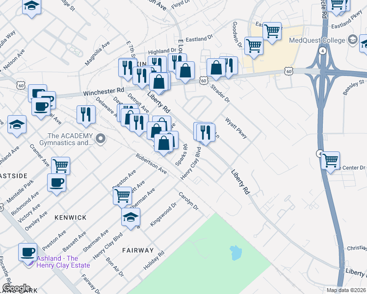 map of restaurants, bars, coffee shops, grocery stores, and more near 1128 Sparks Road in Lexington