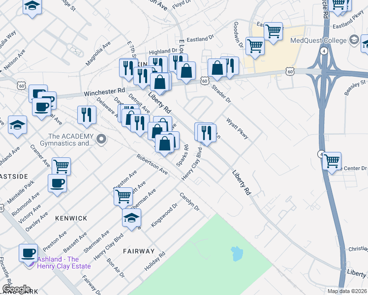 map of restaurants, bars, coffee shops, grocery stores, and more near 1128 Sparks Road in Lexington