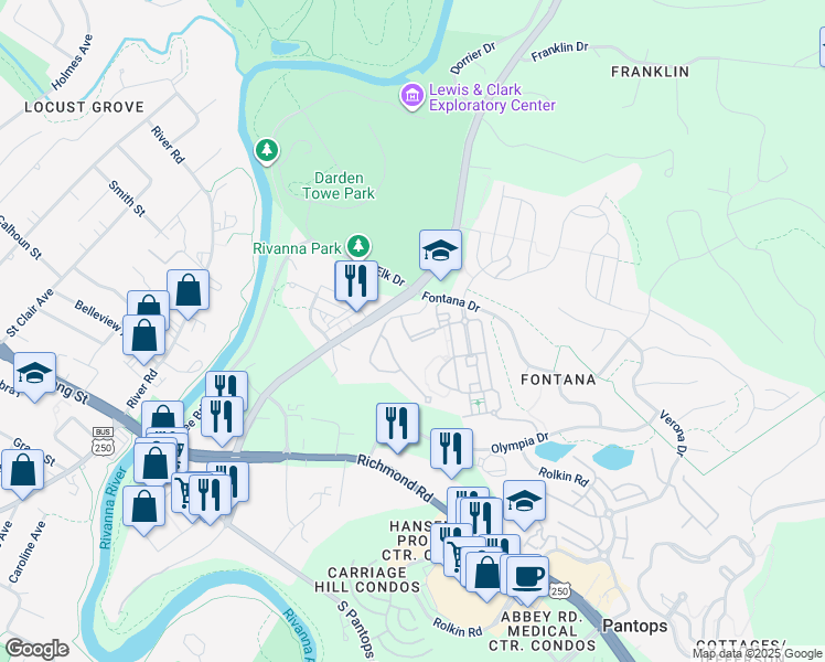 map of restaurants, bars, coffee shops, grocery stores, and more near 2532 Avemore Pond Road in Charlottesville