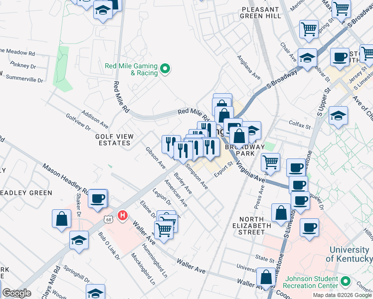 map of restaurants, bars, coffee shops, grocery stores, and more near 1081 South Broadway Road in Lexington
