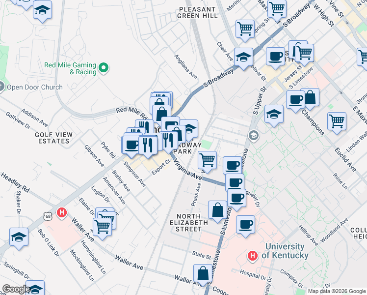 map of restaurants, bars, coffee shops, grocery stores, and more near 325 Old Virginia Avenue in Lexington