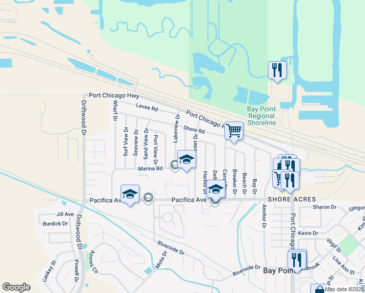 map of restaurants, bars, coffee shops, grocery stores, and more near 25 Island View Drive in Bay Point