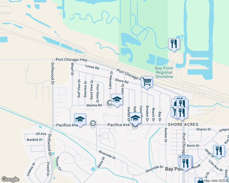map of restaurants, bars, coffee shops, grocery stores, and more near 25 Island View Drive in Bay Point