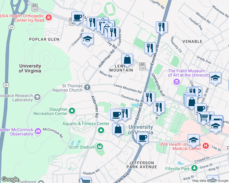 map of restaurants, bars, coffee shops, grocery stores, and more near 1943 Thomson Road in Charlottesville