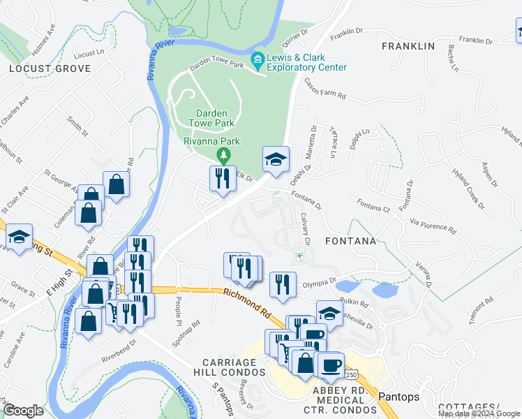 map of restaurants, bars, coffee shops, grocery stores, and more near 2528 Avemore Pond Road in Charlottesville