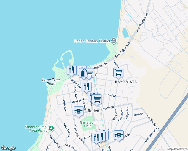 map of restaurants, bars, coffee shops, grocery stores, and more near 122 Railroad Avenue in Rodeo