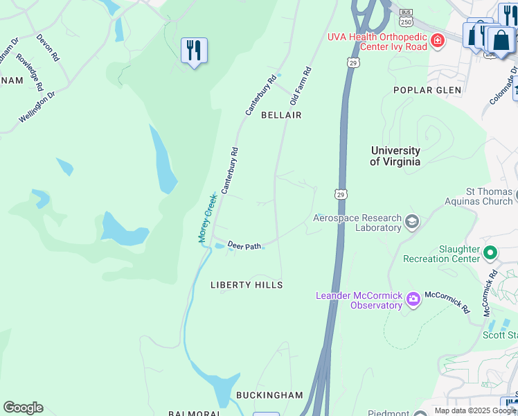 map of restaurants, bars, coffee shops, grocery stores, and more near 38 Old Farm Road in Charlottesville