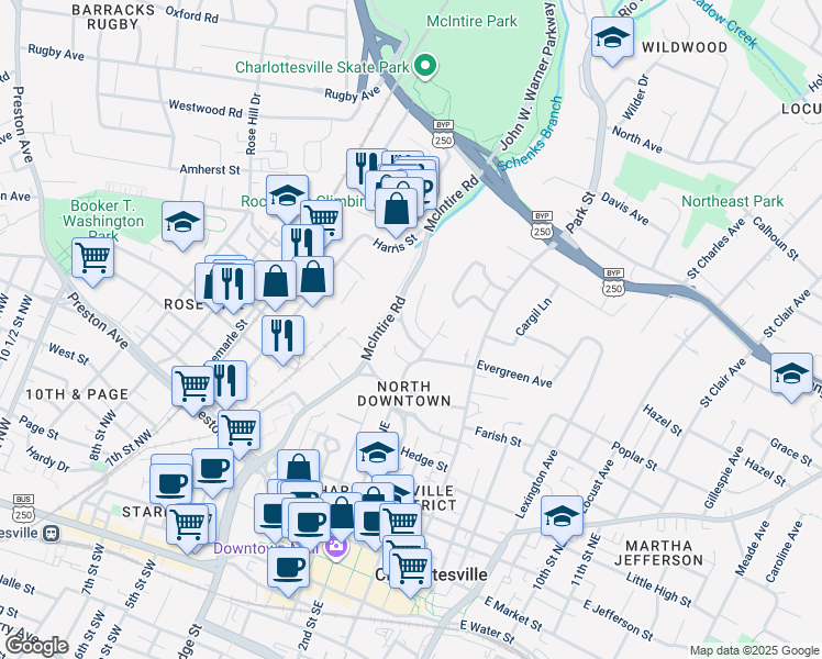 map of restaurants, bars, coffee shops, grocery stores, and more near 707 Nelson Drive in Charlottesville