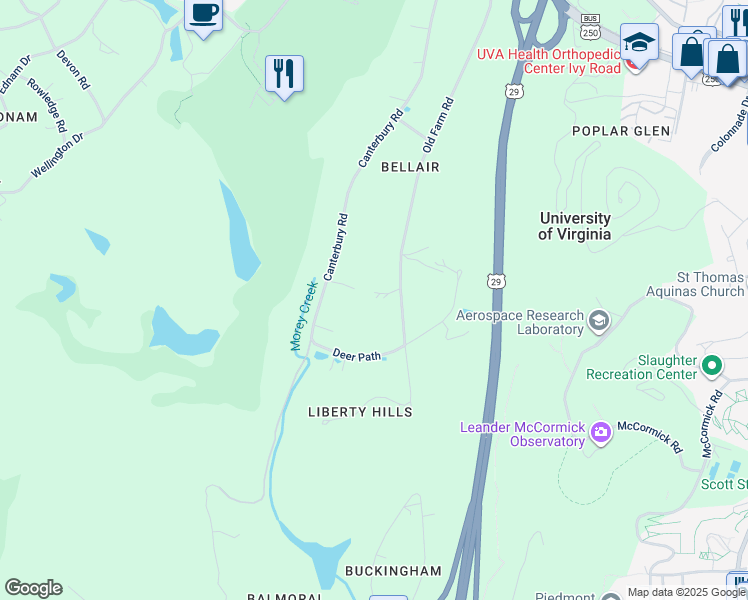 map of restaurants, bars, coffee shops, grocery stores, and more near 38 Old Farm Road in Charlottesville