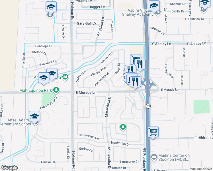 map of restaurants, bars, coffee shops, grocery stores, and more near 9511 Milan Drive in Stockton