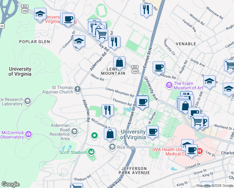 map of restaurants, bars, coffee shops, grocery stores, and more near 1933 Lewis Mountain Road in Charlottesville
