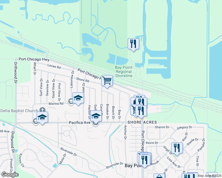 map of restaurants, bars, coffee shops, grocery stores, and more near 149 Shore Road in Bay Point
