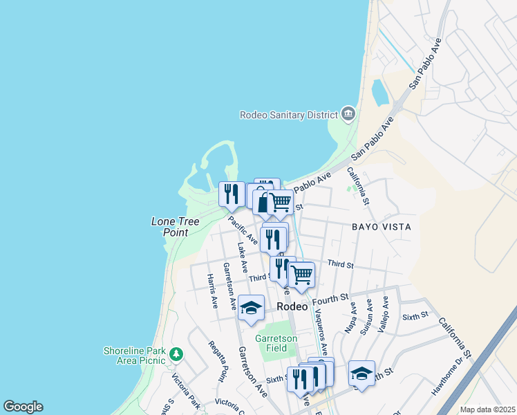 map of restaurants, bars, coffee shops, grocery stores, and more near 575 San Pablo Avenue in Rodeo