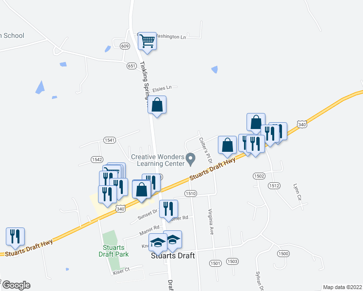 map of restaurants, bars, coffee shops, grocery stores, and more near 50 Meriwether Circle in Stuarts Draft