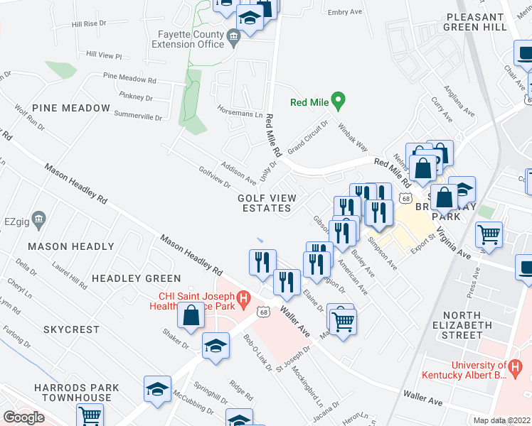 map of restaurants, bars, coffee shops, grocery stores, and more near 512 Addison Avenue in Lexington