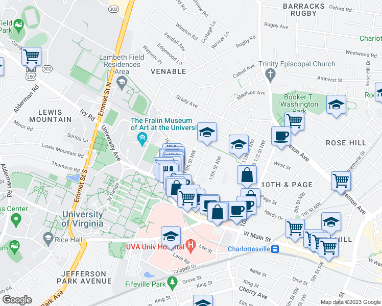 map of restaurants, bars, coffee shops, grocery stores, and more near 343 15th Street Northwest in Charlottesville
