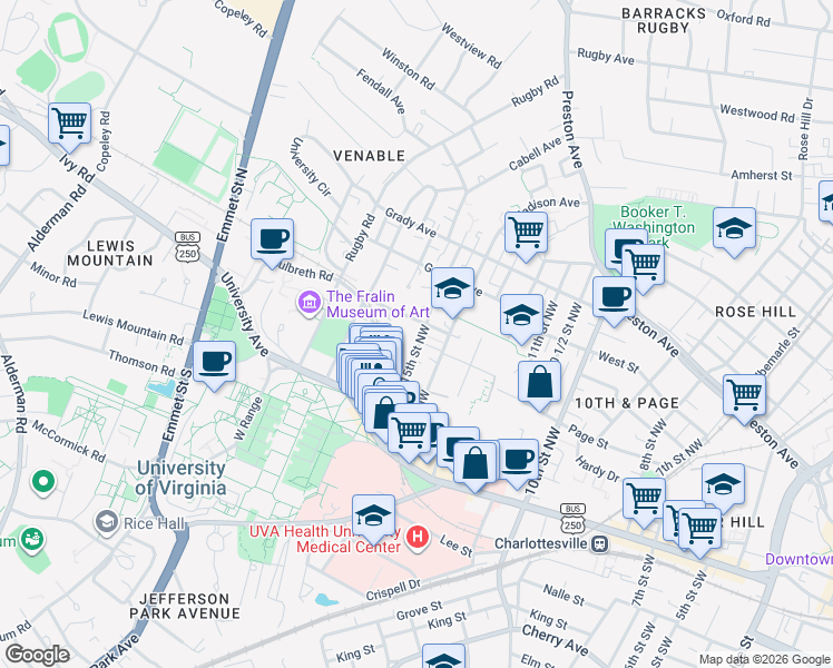 map of restaurants, bars, coffee shops, grocery stores, and more near 1534 Virginia Avenue in Charlottesville
