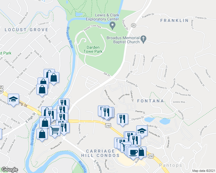 map of restaurants, bars, coffee shops, grocery stores, and more near 96 Wilton Country Lane in Charlottesville