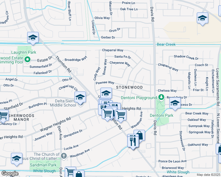 map of restaurants, bars, coffee shops, grocery stores, and more near 2004 Comstock Drive in Stockton