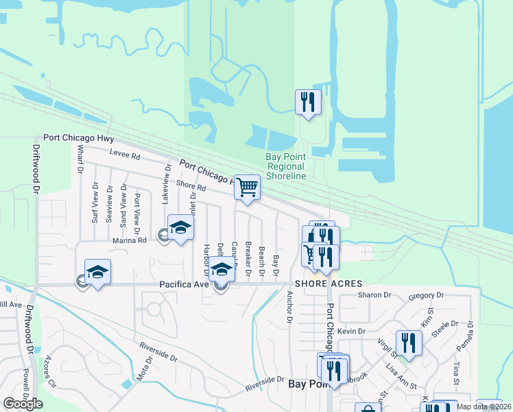 map of restaurants, bars, coffee shops, grocery stores, and more near 160 Shore Road in Bay Point
