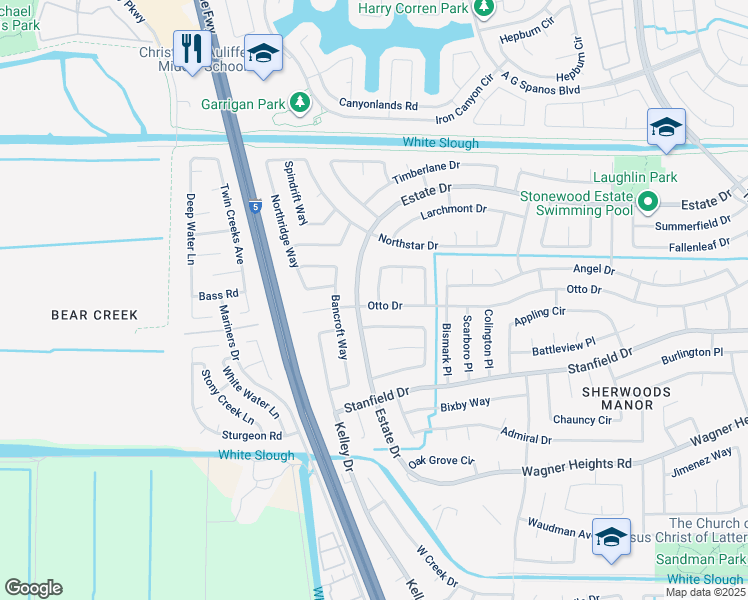 map of restaurants, bars, coffee shops, grocery stores, and more near 3591 Windham Circle in Stockton