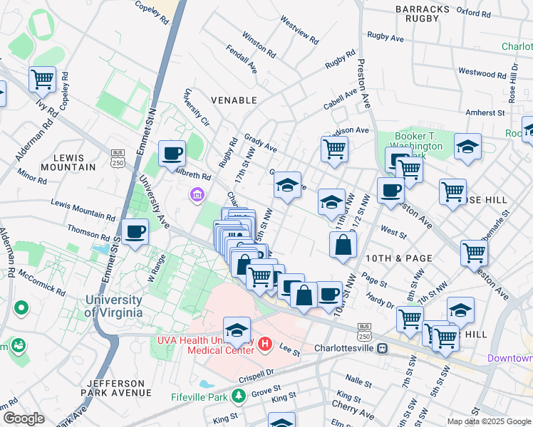 map of restaurants, bars, coffee shops, grocery stores, and more near 343 15th Street Northwest in Charlottesville