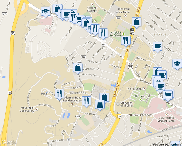 map of restaurants, bars, coffee shops, grocery stores, and more near 1962-1964 Lewis Mountain Road in Charlottesville