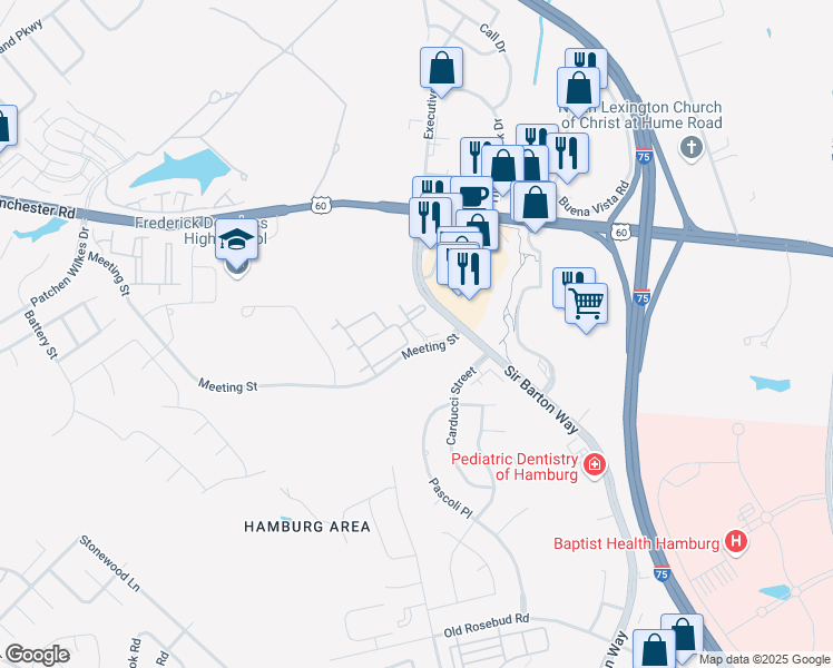 map of restaurants, bars, coffee shops, grocery stores, and more near 2151 Meeting Street in Lexington