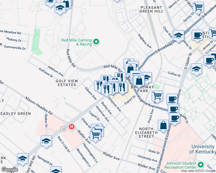 map of restaurants, bars, coffee shops, grocery stores, and more near 1057 South Broadway in Lexington
