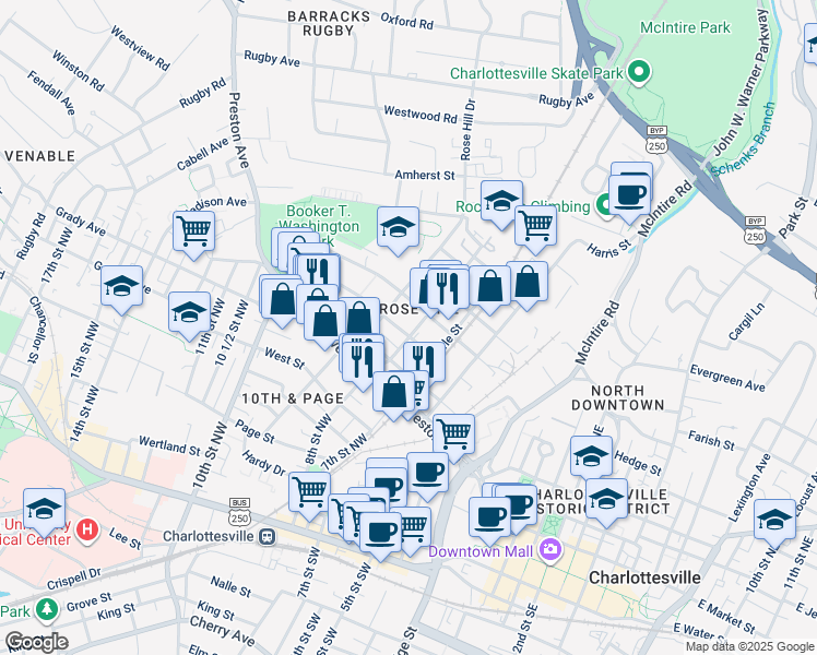 map of restaurants, bars, coffee shops, grocery stores, and more near 803 Forest Street in Charlottesville