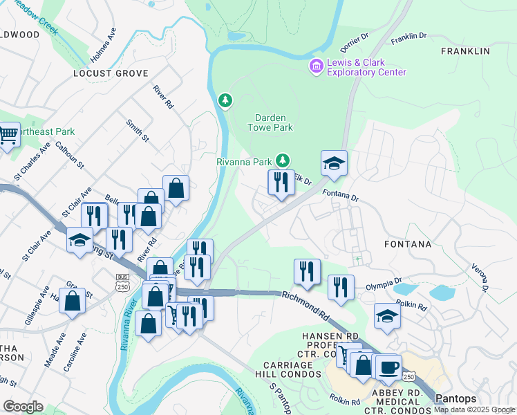 map of restaurants, bars, coffee shops, grocery stores, and more near 526 Trailside Drive in Charlottesville